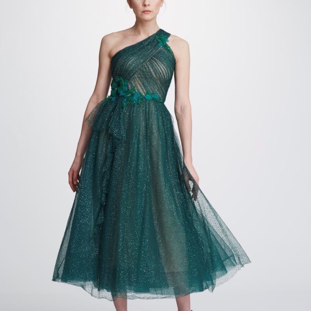Host Pick!💕♥️ Marchesa Notte Shoulder Glittery Tulle Midi Gown w/ Beaded Floral